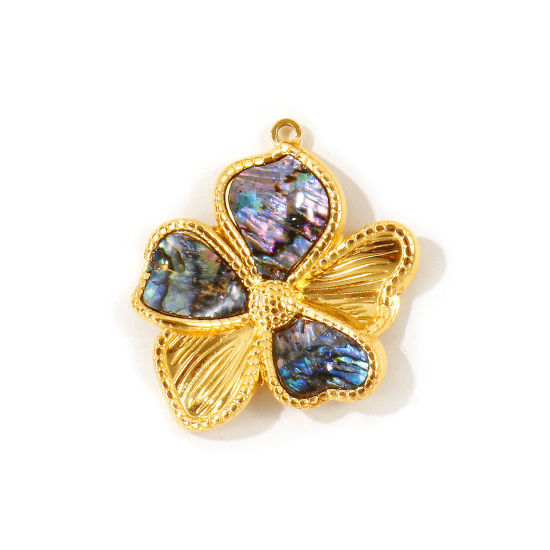 Picture of 1 Piece Eco-friendly PVD Waterproof Anti-Tarnish Hypoallergenic 304 Stainless Steel & Natural Shell Pendants Wholesale 18K Real Gold Plated Multicolor Flower 3.6cm x 3.1cm