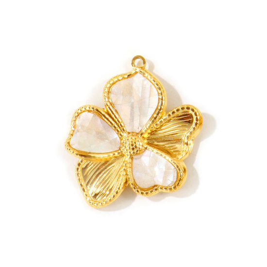 Picture of 1 Piece Eco-friendly PVD Waterproof Anti-Tarnish Hypoallergenic 304 Stainless Steel & Natural Shell Pendants Wholesale 18K Real Gold Plated White Flower 3.6cm x 3.1cm