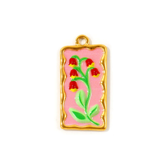 Picture of 2 PCs Eco-friendly PVD Waterproof Anti-Tarnish Hypoallergenic 304 Stainless Steel Pendants Wholesale 18K Real Gold Plated Pink Enamel Rectangle Lily Of The Valley Flower 3.4cm x 1.7cm