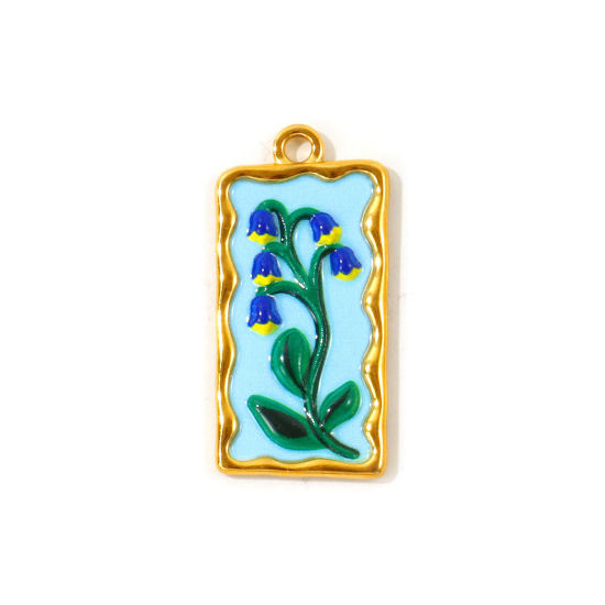 Picture of 2 PCs Eco-friendly PVD Waterproof Anti-Tarnish Hypoallergenic 304 Stainless Steel Pendants Wholesale 18K Real Gold Plated Blue Enamel Rectangle Lily Of The Valley Flower 3.4cm x 1.7cm