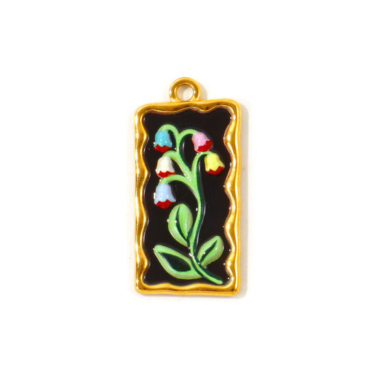 Picture of 2 PCs Eco-friendly PVD Waterproof Anti-Tarnish Hypoallergenic 304 Stainless Steel Pendants Wholesale 18K Real Gold Plated Black Enamel Rectangle Lily Of The Valley Flower 3.4cm x 1.7cm