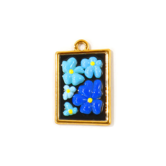 Picture of 2 PCs Eco-friendly PVD Waterproof Anti-Tarnish Hypoallergenic 304 Stainless Steel Charms Wholesale 18K Real Gold Plated Black Enamel Rectangle Flower 29mm x 19mm