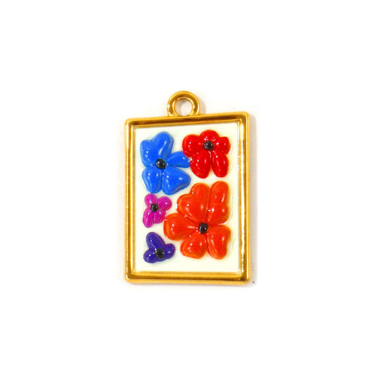 Picture of 2 PCs Eco-friendly PVD Waterproof Anti-Tarnish Hypoallergenic 304 Stainless Steel Charms Wholesale 18K Real Gold Plated Beige Enamel Rectangle Flower 29mm x 19mm