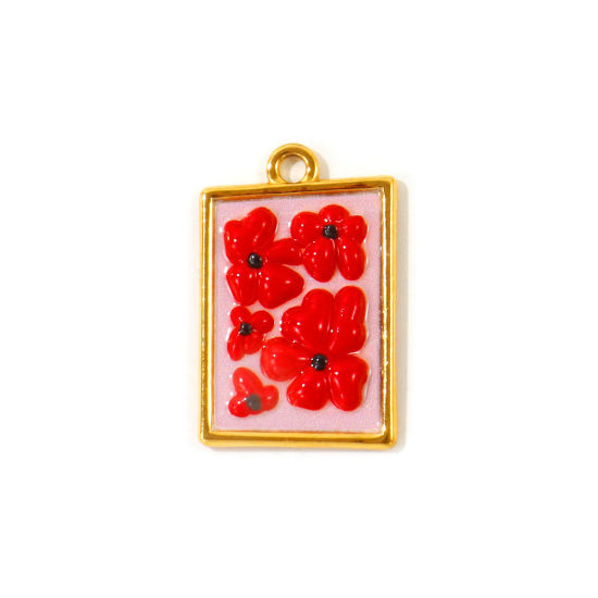 Picture of 2 PCs Eco-friendly PVD Waterproof Anti-Tarnish Hypoallergenic 304 Stainless Steel Charms Wholesale 18K Real Gold Plated Pink Enamel Rectangle Flower 29mm x 19mm