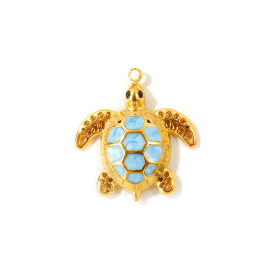 Picture of 2 PCs Eco-friendly PVD Waterproof Anti-Tarnish Hypoallergenic 304 Stainless Steel Ocean Jewelry Charms Wholesale 18K Real Gold Plated Blue Enamel Tortoise Animal Hollow 22mm x 20mm