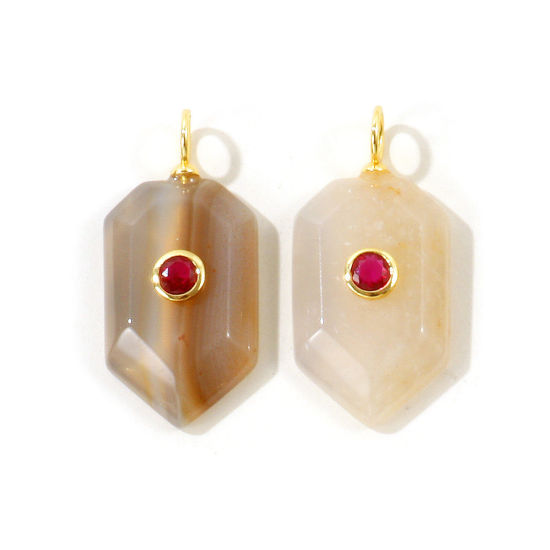 Picture of 1 Piece Eco-friendly Brass & Gemstone Geometric Pendants Wholesale, Heptagon 18K Real Gold Plated Grey Beige Fuchsia Cubic Zirconia 3.2cm x 1.5cm