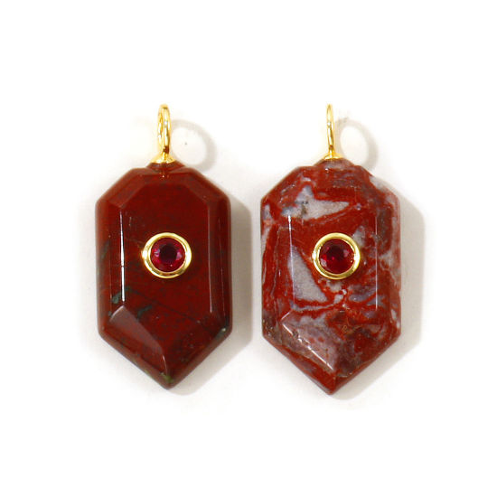 Picture of 1 Piece Eco-friendly Brass & Gemstone Geometric Pendants Wholesale, Heptagon 18K Real Gold Plated Brown Red Fuchsia Cubic Zirconia 3.2cm x 1.5cm