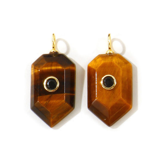 Picture of 1 Piece Eco-friendly Brass & Gemstone Geometric Pendants Wholesale, Heptagon 18K Real Gold Plated Brown Black Cubic Zirconia 3.2cm x 1.5cm