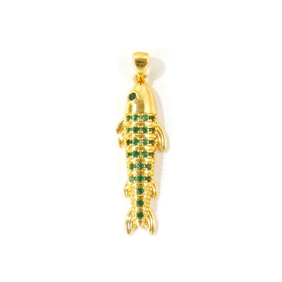 Picture of 1 Piece Eco-friendly Brass Ocean Jewelry Pendants Wholesale, Fish Animal 18K Real Gold Plated Green Cubic Zirconia 4cm x 1.1cm