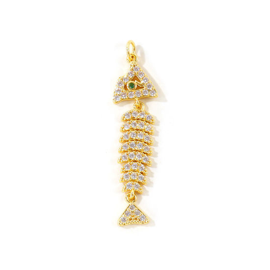 Picture of 1 Piece Eco-friendly Brass Ocean Jewelry Pendants Wholesale, Fish Bone 18K Real Gold Plated Movable Clear Cubic Zirconia 4.5cm x 1.1cm