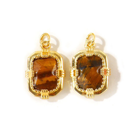 Picture of 1 Piece Eco-friendly Brass & Gemstone Geometric Charms Wholesale, Octagon 18K Real Gold Plated Brown 22mm x 13mm