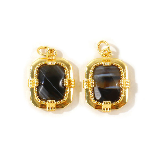 Picture of 1 Piece Eco-friendly Brass & Gemstone Geometric Charms Wholesale, Octagon 18K Real Gold Plated Black 23mm x 14mm