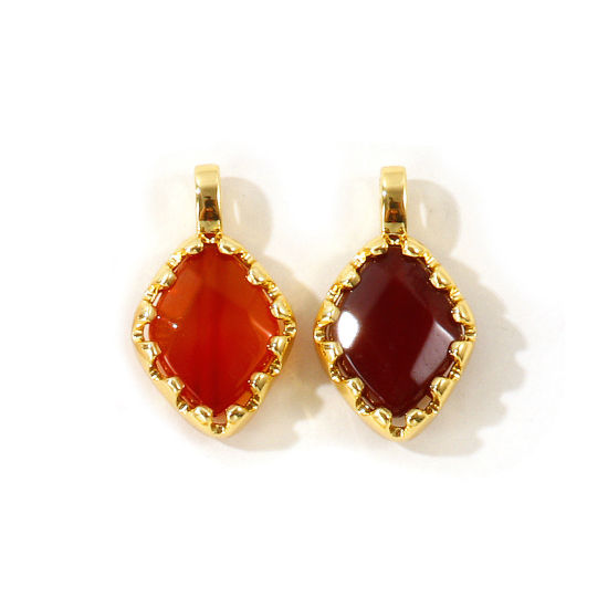 Picture of 1 Piece Eco-friendly Brass & Gemstone Geometric Charms Wholesale, Rhombus 18K Real Gold Plated Brown 21.5mm x 13mm