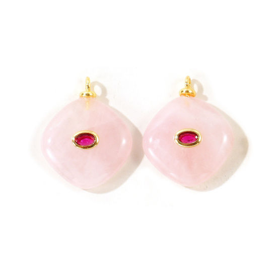 Picture of 1 Piece Eco-friendly Brass & Gemstone Geometric Charms Wholesale, Rhombus 18K Real Gold Plated Pink Fuchsia Cubic Zirconia 27mm x 22mm