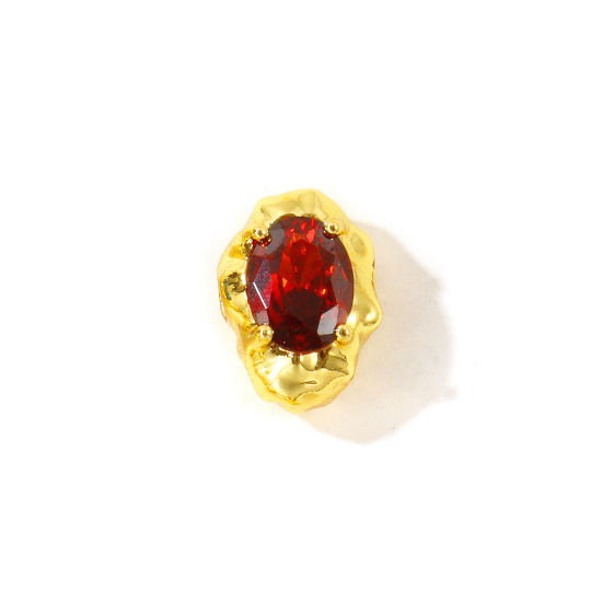 Picture of 2 PCs Eco-friendly Brass Beads For DIY Jewelry Making Wholesale, Irregular 18K Real Gold Plated Wine Red Cubic Zirconia 13mm x 9mm