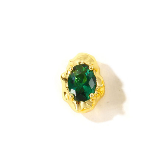 Picture of 2 PCs Eco-friendly Brass Beads For DIY Jewelry Making Wholesale, Irregular 18K Real Gold Plated Green Cubic Zirconia 13mm x 9mm