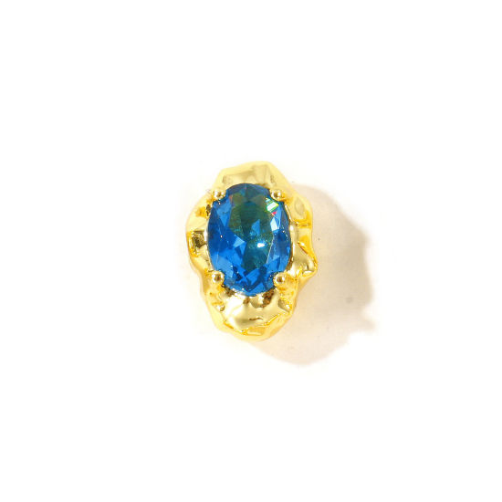Picture of 2 PCs Eco-friendly Brass Beads For DIY Jewelry Making Wholesale, Irregular 18K Real Gold Plated Blue Cubic Zirconia 13mm x 9mm