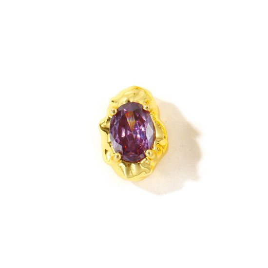 Picture of 2 PCs Eco-friendly Brass Beads For DIY Jewelry Making Wholesale, Irregular 18K Real Gold Plated Purple Cubic Zirconia 13mm x 9mm