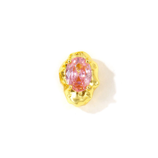 Picture of 2 PCs Eco-friendly Brass Beads For DIY Jewelry Making Wholesale, Irregular 18K Real Gold Plated Pink Cubic Zirconia 13mm x 9mm