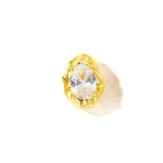 Picture of 2 PCs Eco-friendly Brass Beads For DIY Jewelry Making Wholesale, Irregular 18K Real Gold Plated Clear Cubic Zirconia 13mm x 9mm