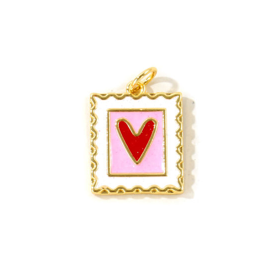 Picture of 2 PCs Eco-friendly Brass Valentine's Day Charms Wholesale, Rectangle Heart 18K Real Gold Plated Pink Enamel 21mm x 14mm