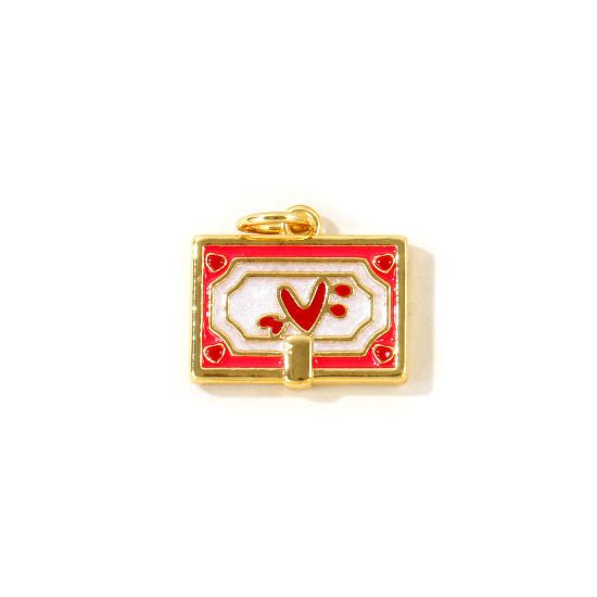 Picture of 2 PCs Eco-friendly Brass Valentine's Day Charms Wholesale, Rectangle Heart 18K Real Gold Plated Hot Pink Enamel Pearlized 16mm x 14mm