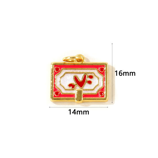 Picture of 2 PCs Eco-friendly Brass Valentine's Day Charms Wholesale, Rectangle Heart 18K Real Gold Plated Hot Pink Enamel Pearlized 16mm x 14mm