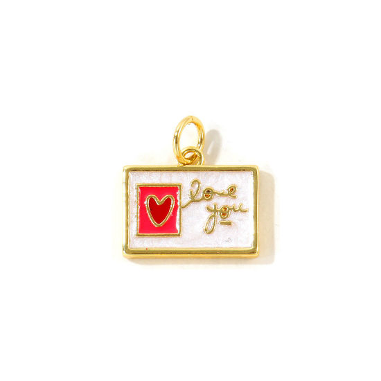 Picture of 2 PCs Eco-friendly Brass Valentine's Day Charms Wholesale, Rectangle Heart 18K Real Gold Plated Hot Pink Enamel Pearlized 15mm x 14mm