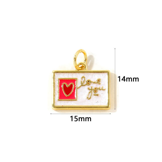 Picture of 2 PCs Eco-friendly Brass Valentine's Day Charms Wholesale, Rectangle Heart 18K Real Gold Plated Hot Pink Enamel Pearlized 15mm x 14mm