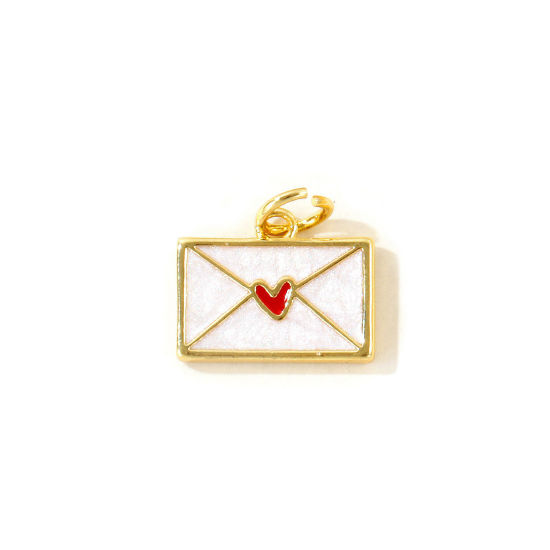Picture of 2 PCs Eco-friendly Brass Valentine's Day Charms Wholesale, Envelope Heart 18K Real Gold Plated White Enamel Pearlized 14mm x 13mm