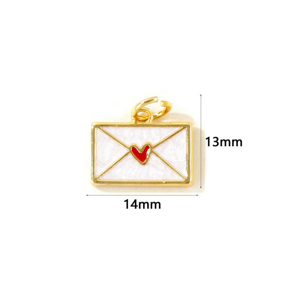 Picture of 2 PCs Eco-friendly Brass Valentine's Day Charms Wholesale, Envelope Heart 18K Real Gold Plated White Enamel Pearlized 14mm x 13mm
