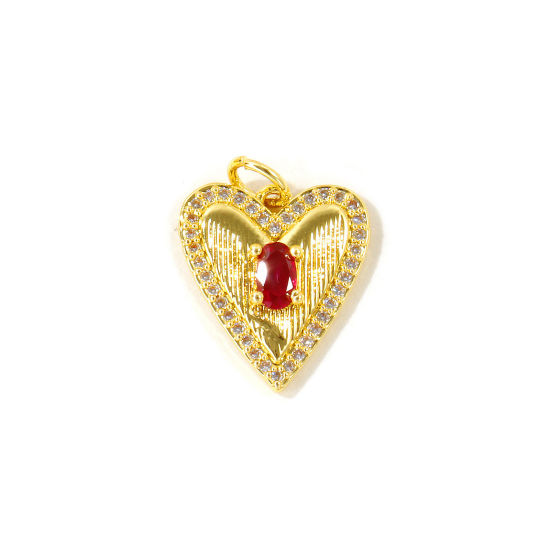 Picture of 2 PCs Eco-friendly Brass Valentine's Day Charms Wholesale, Heart 18K Real Gold Plated Micro Pave Red Cubic Zirconia 19mm x 14mm