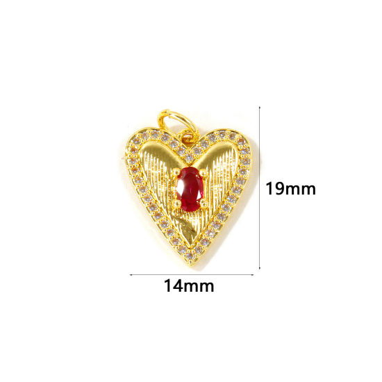 Picture of 2 PCs Eco-friendly Brass Valentine's Day Charms Wholesale, Heart 18K Real Gold Plated Micro Pave Red Cubic Zirconia 19mm x 14mm