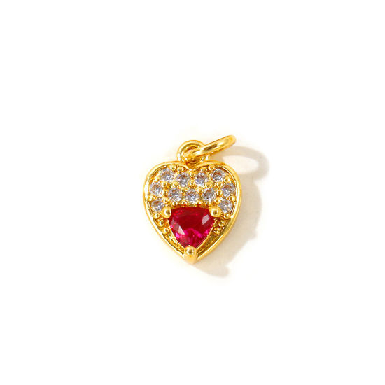 Picture of 2 PCs Eco-friendly Brass Valentine's Day Charms Wholesale, Heart 18K Real Gold Plated Micro Pave Red Cubic Zirconia 14mm x 9mm