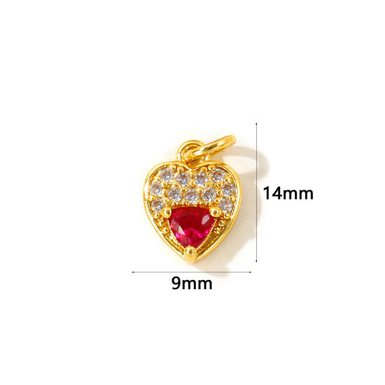 Picture of 2 PCs Eco-friendly Brass Valentine's Day Charms Wholesale, Heart 18K Real Gold Plated Micro Pave Red Cubic Zirconia 14mm x 9mm