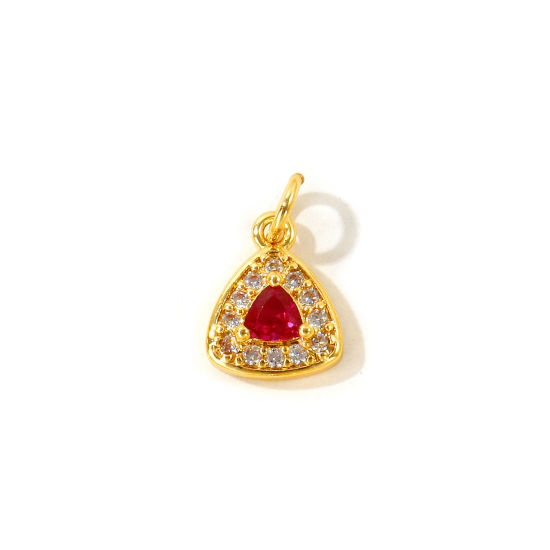 Picture of 2 PCs Eco-friendly Brass Valentine's Day Charms Wholesale, Triangle 18K Real Gold Plated Micro Pave Red Cubic Zirconia 15mm x 9mm