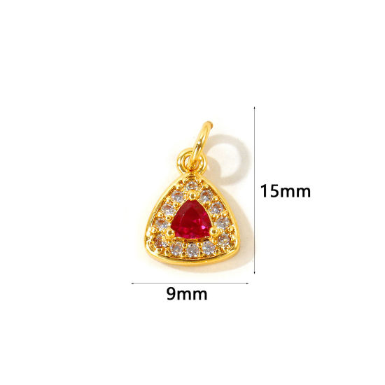 Picture of 2 PCs Eco-friendly Brass Valentine's Day Charms Wholesale, Triangle 18K Real Gold Plated Micro Pave Red Cubic Zirconia 15mm x 9mm