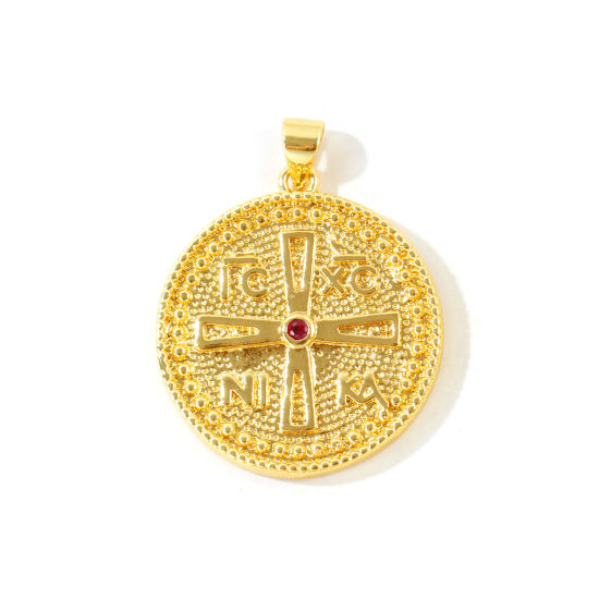 Picture of 2 PCs Eco-friendly Brass Religious Pendants Wholesale, Round IC XC NIKA St. Helen Constantine Victory Cross 18K Real Gold Plated Red Cubic Zirconia 3.2cm x 2.5cm