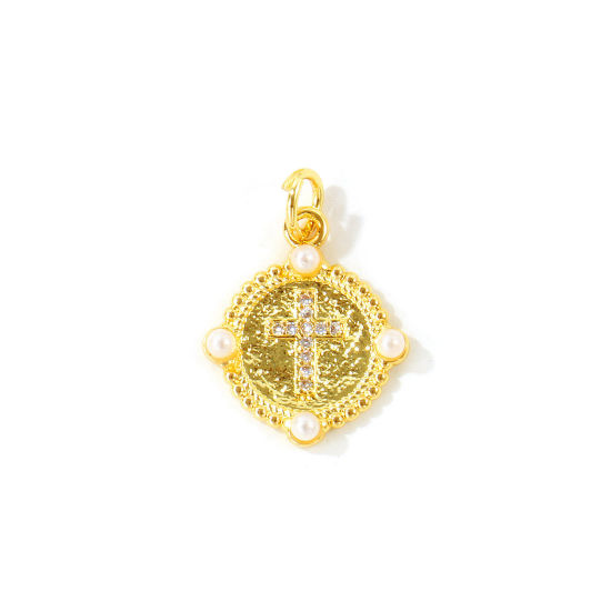 Picture of 2 PCs Eco-friendly Brass Religious Charms Wholesale, Round Cross 18K Real Gold Plated Acrylic Imitation Pearl Clear Cubic Zirconia 19mm x 13mm