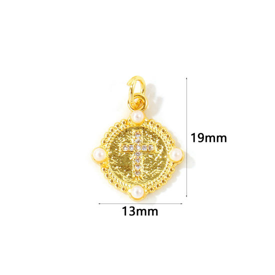 Picture of 2 PCs Eco-friendly Brass Religious Charms Wholesale, Round Cross 18K Real Gold Plated Acrylic Imitation Pearl Clear Cubic Zirconia 19mm x 13mm