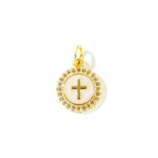Picture of 2 PCs Eco-friendly Brass Religious Charms Wholesale, Round Cross 18K Real Gold Plated White Enamel Pearlized Clear Cubic Zirconia 16mm x 10mm