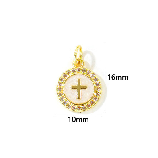Picture of 2 PCs Eco-friendly Brass Religious Charms Wholesale, Round Cross 18K Real Gold Plated White Enamel Pearlized Clear Cubic Zirconia 16mm x 10mm