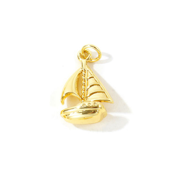 Picture of 2 PCs Eco-friendly Brass Travel Charms Wholesale, Sailing Boat 18K Real Gold Plated 3D 21mm x 12mm