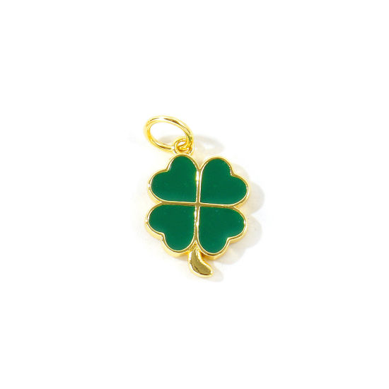 Picture of 2 PCs Eco-friendly Brass Charms Wholesale, Four Leaf Clover 18K Real Gold Plated Green Enamel 18mm x 10mm