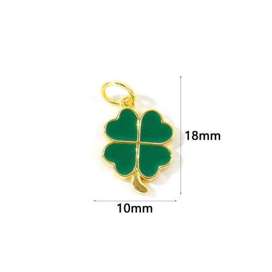 Picture of 2 PCs Eco-friendly Brass Charms Wholesale, Four Leaf Clover 18K Real Gold Plated Green Enamel 18mm x 10mm
