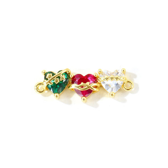 Picture of 2 PCs Eco-friendly Brass Valentine's Day Connectors Charms Pendants Wholesale, Heart 18K Real Gold Plated Multicolour Cubic Zirconia 24mm x 8mm