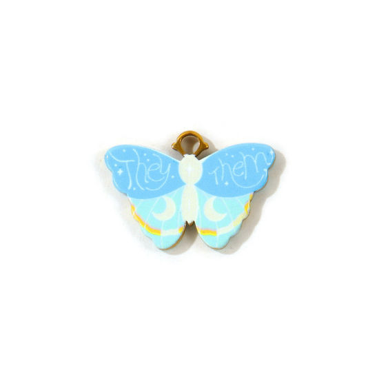 2 PCs Eco-friendly PVD Waterproof Anti-Tarnish Hypoallergenic 304 Stainless Steel Charms Wholesale 18K Real Gold Plated Blue Butterfly Animal Double Sided Printed 23.5mm x 16.5mm の画像