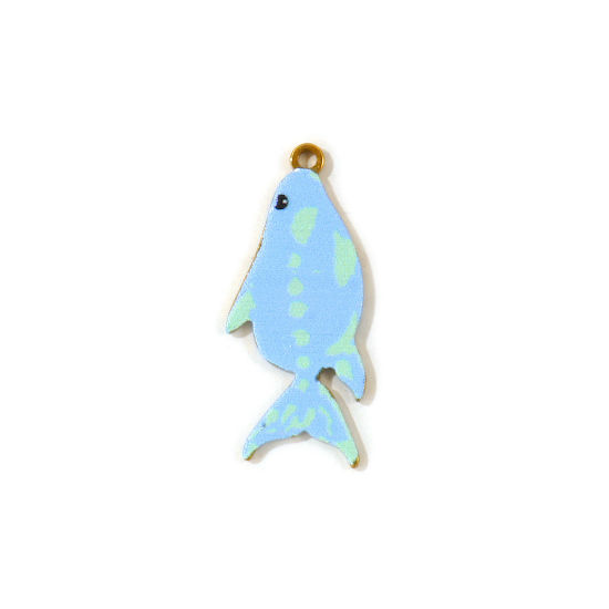 2 PCs Eco-friendly PVD Waterproof Anti-Tarnish Hypoallergenic 304 Stainless Steel Charms Wholesale 18K Real Gold Plated Blue Goldfish Double Sided Printed 28mm x 12mm の画像