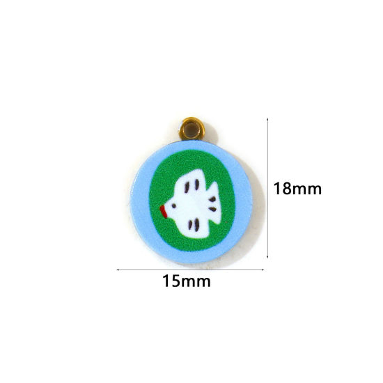2 PCs Eco-friendly PVD Waterproof Anti-Tarnish Hypoallergenic 304 Stainless Steel Charms Wholesale 18K Real Gold Plated Multicolor Round Disc Pigeon Double Sided Printed 18mm x 15mm の画像