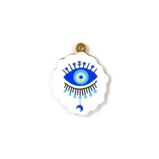 2 PCs Eco-friendly PVD Waterproof Anti-Tarnish Hypoallergenic 304 Stainless Steel Charms Wholesale 18K Real Gold Plated White & Blue Evil Eye Double Sided Printed 21mm x 17mm の画像
